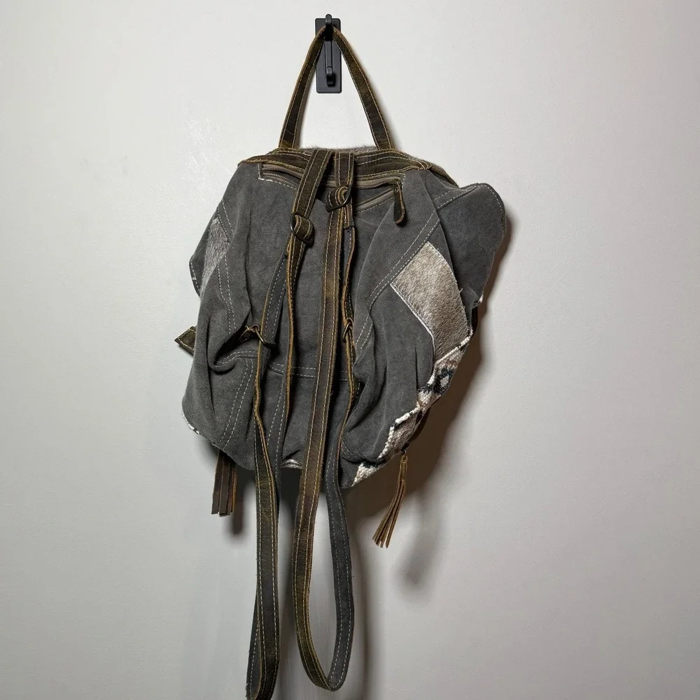 Myra Bag Backpack Med Gray Brown Boho Canvas Leather Hair-On Southwestern Boho
